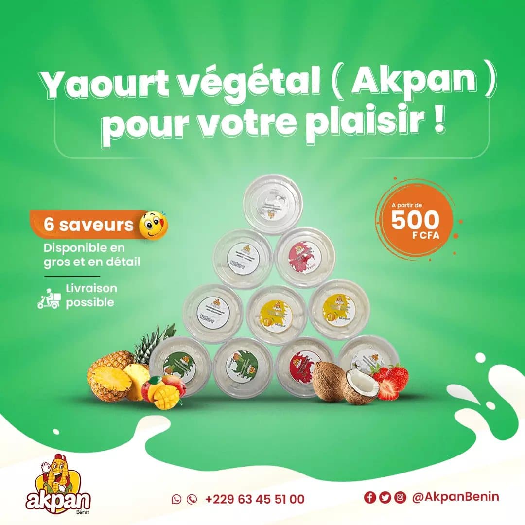 Visuel promotionnel Akpan Bénin présentant les 6 saveurs de yaourt végétal, à partir de 500 F CFA