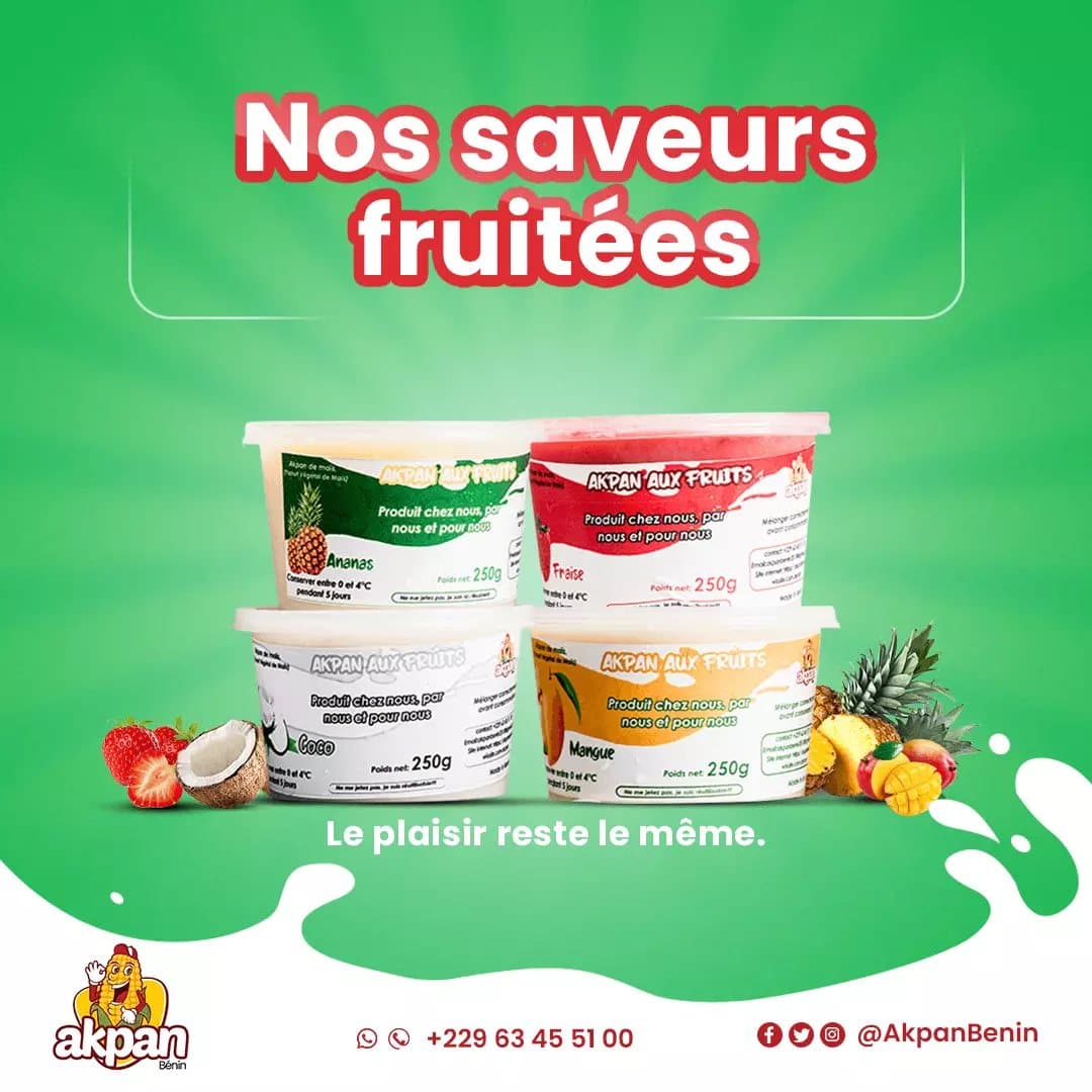 Gamme de yaourts végétaux Akpan Bénin, aux saveurs ananas, fraise, coco et mangue